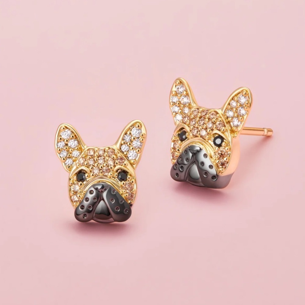 18k Diamond Bulldog Boston Terrier Dog Earrings